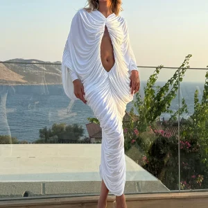 Nibber Peach Buttocks Dress Hollow Ruched Patchwork Bat Sleeves Chic Hipster Autumn Hipster Clubwear Skinny Stretch Vestidos