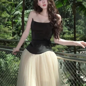 Nibber Chic Patchwork Tierred Dress Women Sexy Strapless Mesh Elegant Princess Evening Birthday Party Simple Skinny Maxi Bodycon