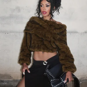 Nibber Furry Crop Tops Woman Patchwork Skew Collar Off Shoulder Full Sleeve High Street Wild Style Autumn New Trend Clothing