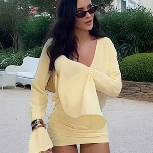 Nibber Chic Patchwork Sashes Dress Women Ruched Elegant Thin Flare Sleeve Cross v-Neck Solid Irregular Simple Trend Mini Bodycon